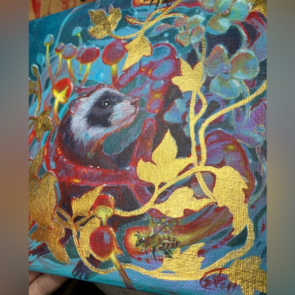 Ferret Mushroom Gold Accent Painting Original Art honeybee Artwork Artettina USA - Picture 5 of 11